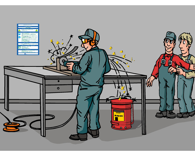 Suchbild: Figur Nils mit persönlicher Schutzausrüstung arbeitet mit einem Winkelschleifer in der Metallwerkstatt und die Funken fliegen